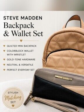 Steve Madden Double Zip Wristlet Wallet & Quilted Mini Backpack Matching Set EUC